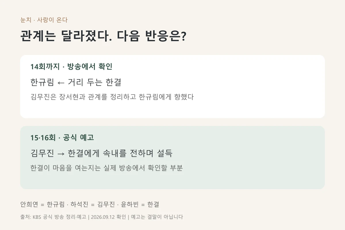 사랑이 온다 14회까지 확인된 관계와 15·16회 예고의 관전 포인트를 구분한 안내