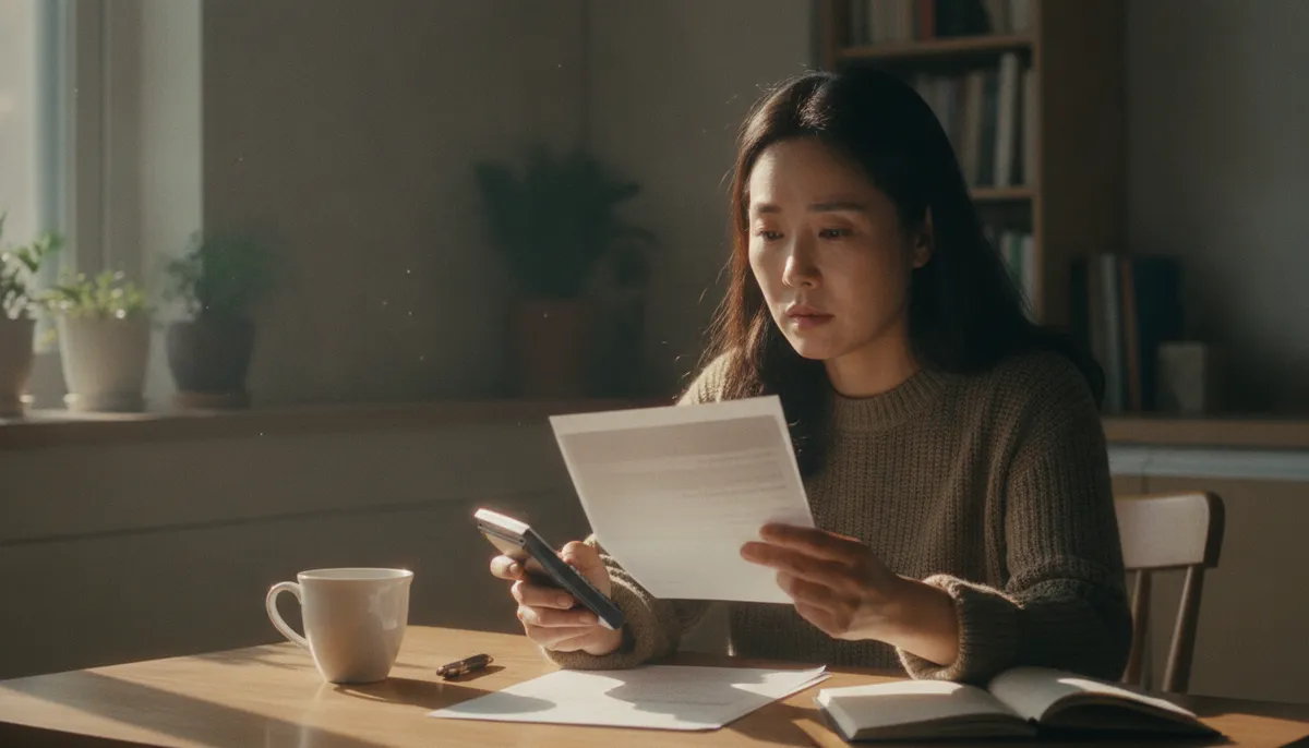 식탁에서 은행 안내문과 휴대폰을 보는 사람