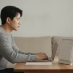 거실 테이블에서 고용보험 안내문을 옆에 두고 달력을 보는 사람