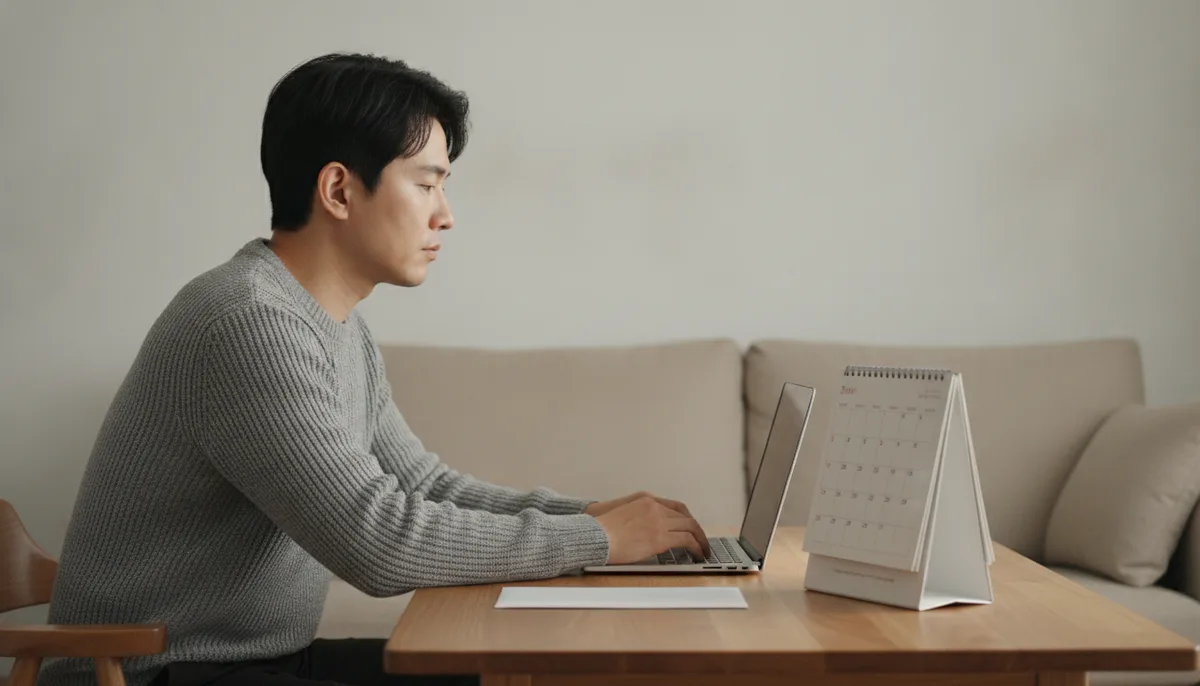거실 테이블에서 고용보험 안내문을 옆에 두고 달력을 보는 사람