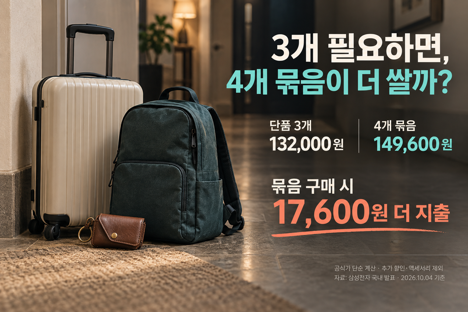 단품 세 개와 네 개 묶음의 결제액 차이 설명