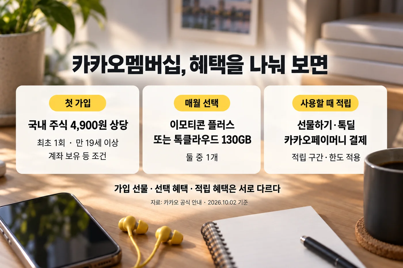 첫 가입 선물과 매월 선택 혜택 및 결제 적립을 구분한 안내