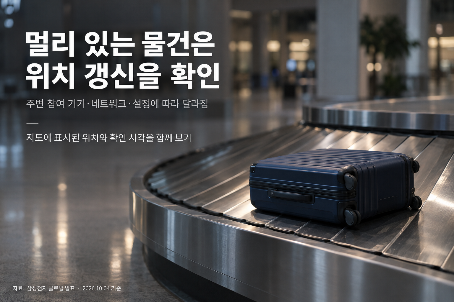 공항 여행 가방을 배경으로 위치 갱신 조건을 설명하는 그림