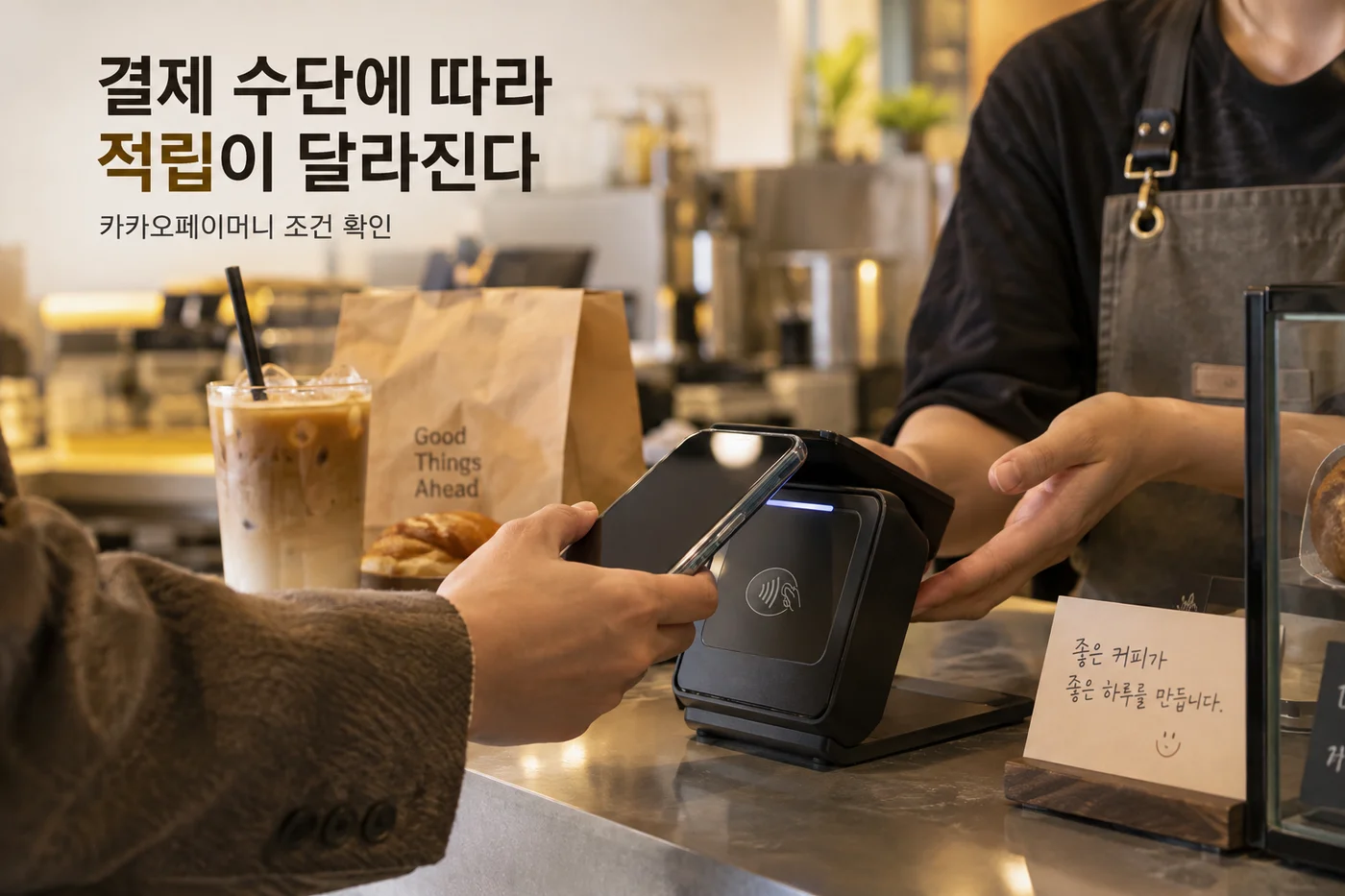 카페에서 휴대폰으로 결제하는 상황 예시
